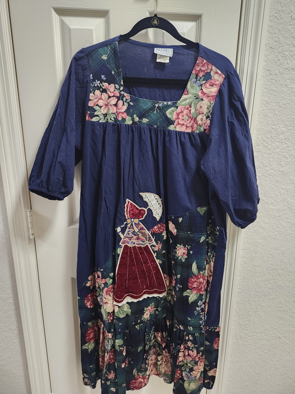 Vintage Boho Navy Floral Patchwork Midi MUMU with Appliqué 100% cotton Sz M - Picture 2 of 9